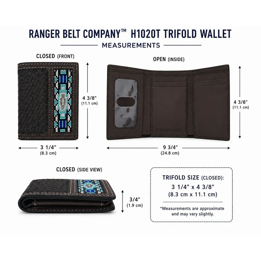 Ranger Belt Co H1052T Trifold Wallet Beaded Inlay Basketweave Leather Dark Brown
